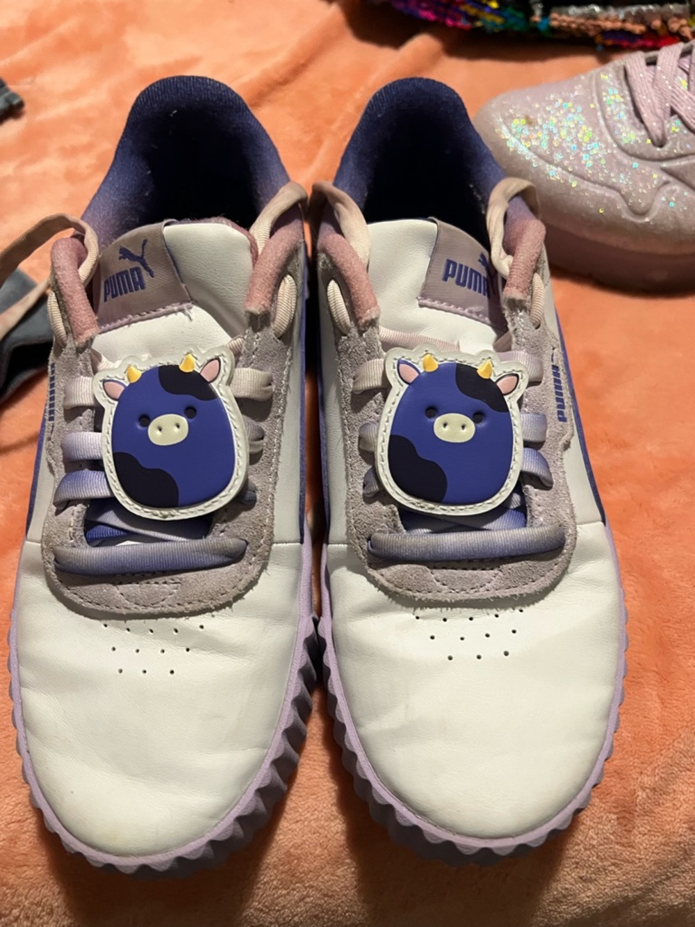Puma Kids White & Lavender Sneakers with Squishmellow Tag